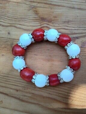 Elegant Red and White Beaded Stretchy Bracelet With Silver Rhinestone Accents